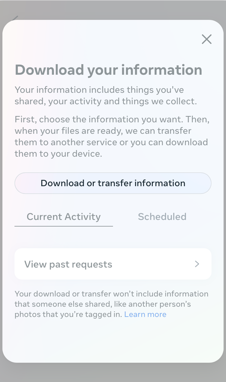 The Instagram "download your information" tool landing page.